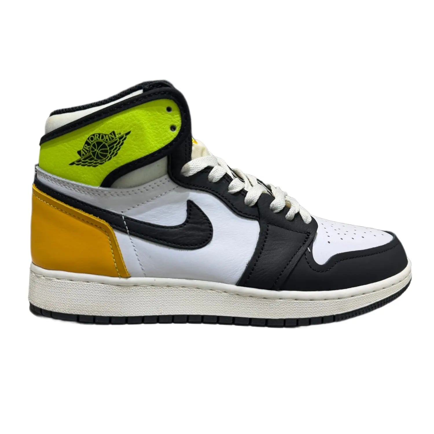 Jordan 1 Retro High White Black Volt University Gold (GS)