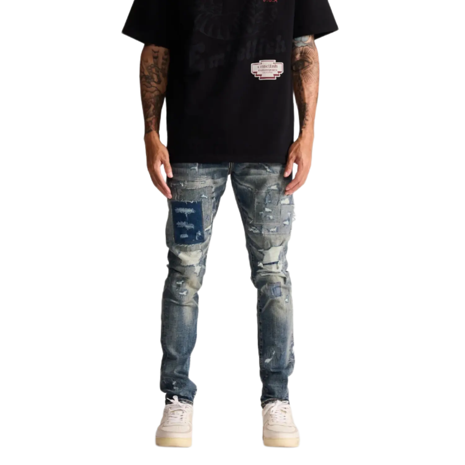 Embellish Patched Skinny Blue