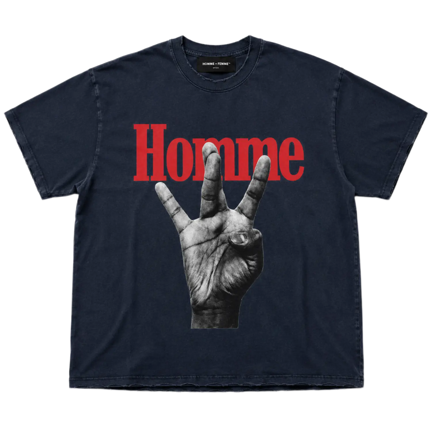 Homme Femme Twisted Fingers Distressed Tee Navy/Red